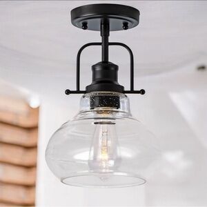 Industrial Semi Flush Mount Ceiling Light, Clear Seeded  Glass shade